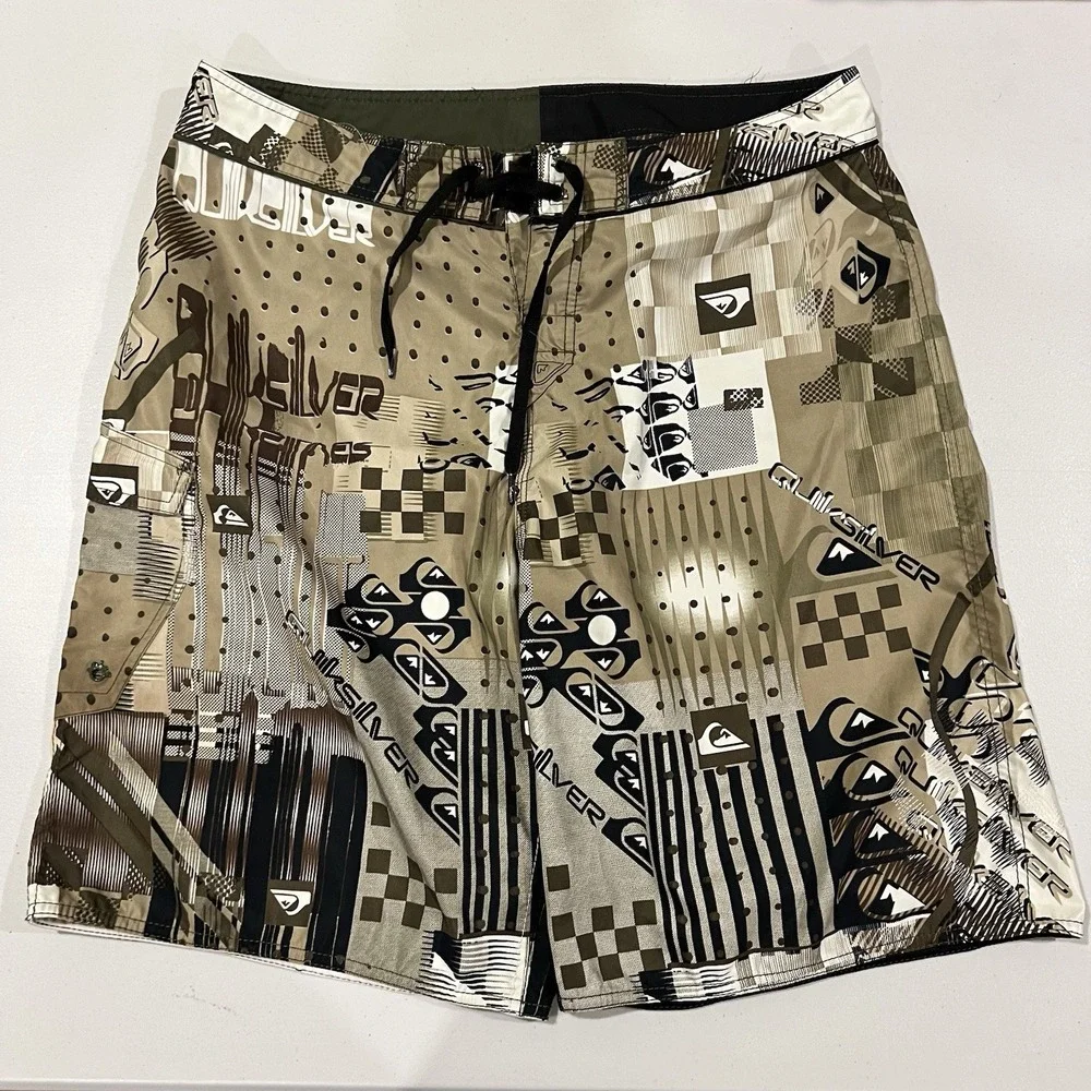 Quiksilver Board Shorts Brown Mens 36 Vintage 90s Surfer Y2K AOP LOGO